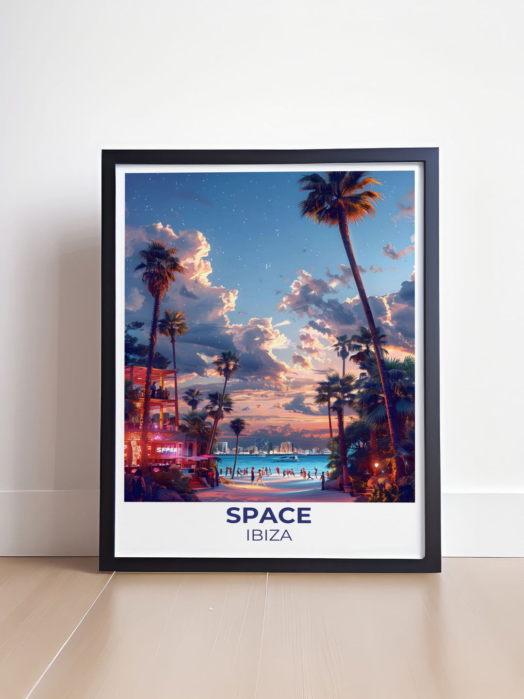 The Terrace Wall Art showcases the vibrant ambiance of Space Nightclub in Ibiza, with colorful lights illuminating the crowd. This artwork brings the electrifying atmosphere of one of the islands most famous dance floors into your home.