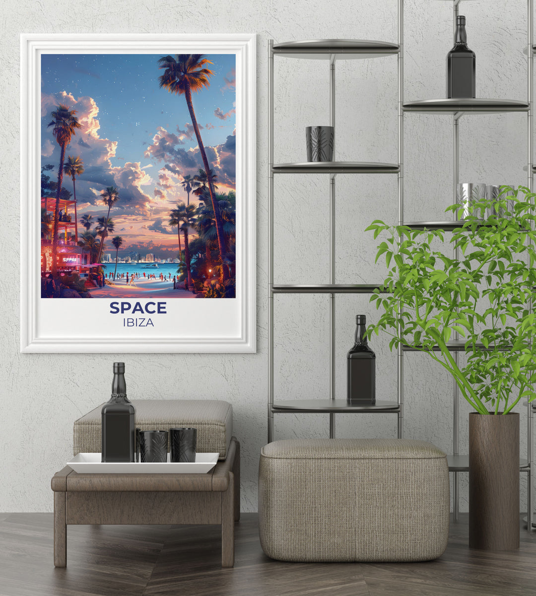 The Terrace Wall Art brings the dynamic energy of Space Nightclub into your home. The scene features a packed dance floor under bright lights, showcasing the excitement and vibrancy of Ibizas iconic clubbing experience.