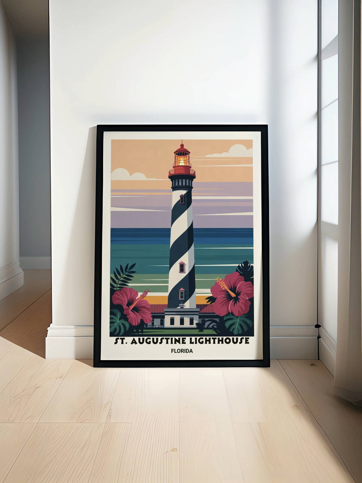 High-contrast graphic illustration of the St. Augustine lighthouse at twilight, capturing a serene Florida atmosphere with warm amber glows and soft violet skies.