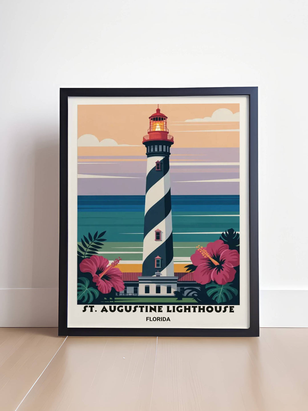 Detailed vector art of deep magenta hibiscus blooms and tropical sea grapes, providing a lush, organic foreground to the striking St. Augustine tower.