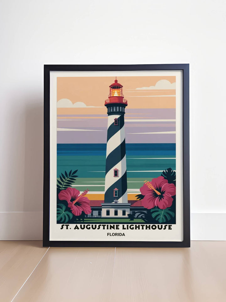 Detailed vector art of deep magenta hibiscus blooms and tropical sea grapes, providing a lush, organic foreground to the striking St. Augustine tower.