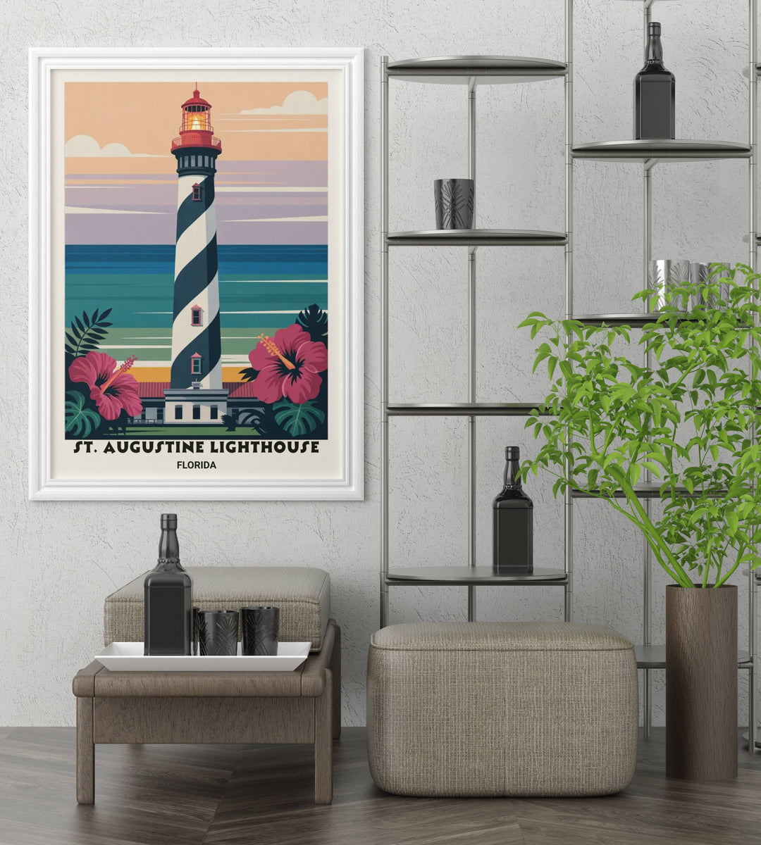An editorial study of the St. Augustine beacon, emphasizing its unique spiral geometry and brilliant red lantern room through clean, flat-vector design.