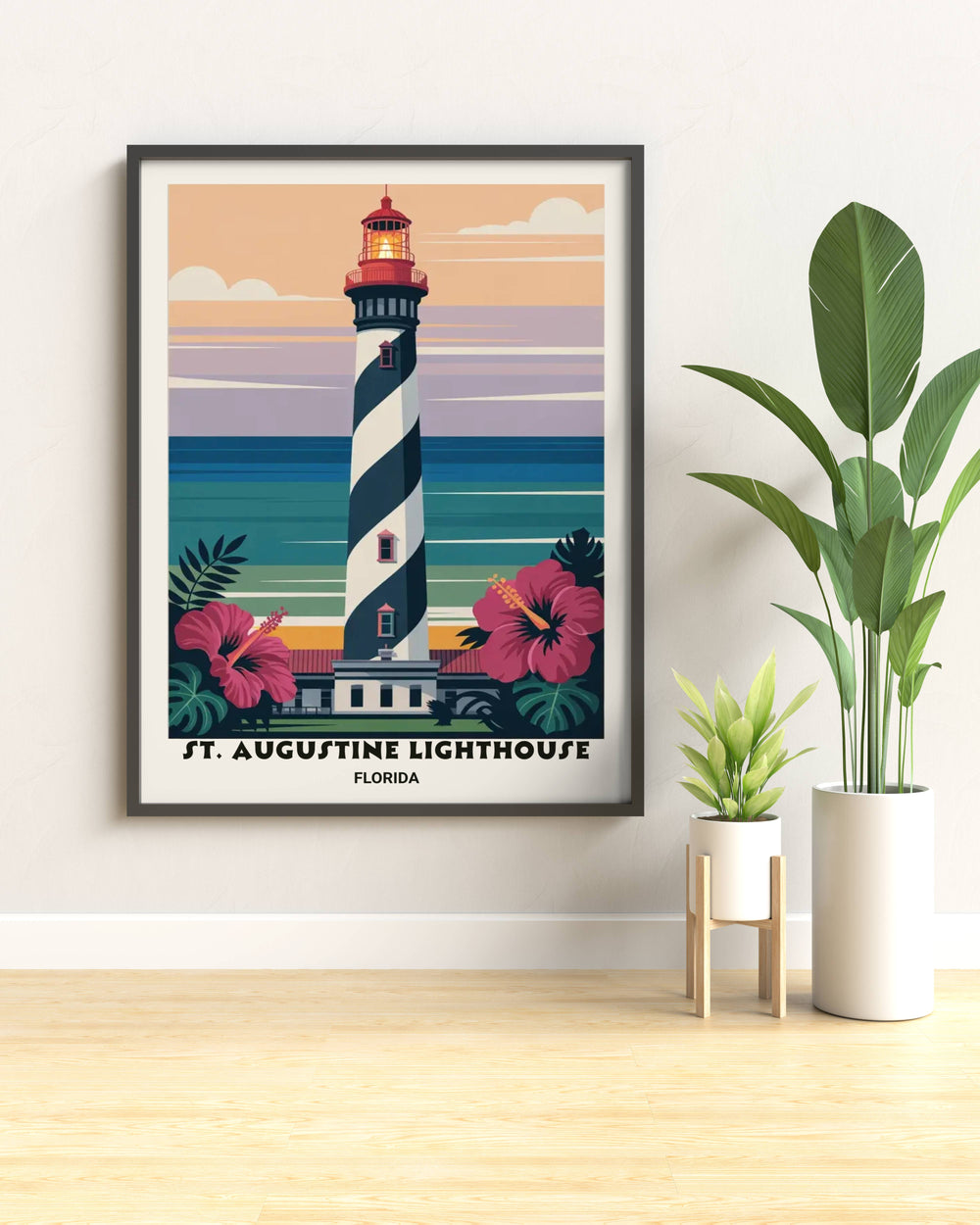 A sophisticated blend of teal, magenta, and slate grey, this St. Augustine print uses bold color blocking to create a vibrant yet balanced coastal statement.
