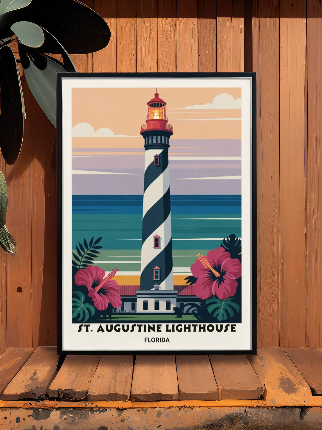 Dramatic use of shadow and flat-color gradients to depict the rhythmic waves of the Atlantic coast beneath a crisp, black-and-white spiraled lighthouse.