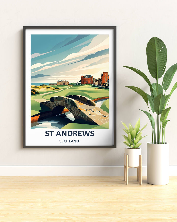 A modern graphic illustration of the 18th hole at St Andrews Old Course in Scotland, showcasing the historic stone Swilcan Bridge crossing a calm stream with the Royal and Ancient Clubhouse and red-brick hotel under a stylized, layered blue and cream sky.