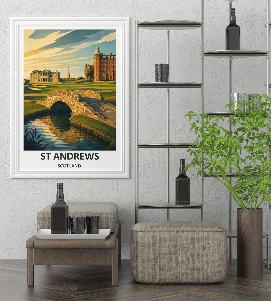 Framed travel print of the legendary St Andrews golf links in Scotland, featuring rich green fairways, sand bunkers, the old stone arch bridge, and historic red-brick resort hotels in a modern vector style.