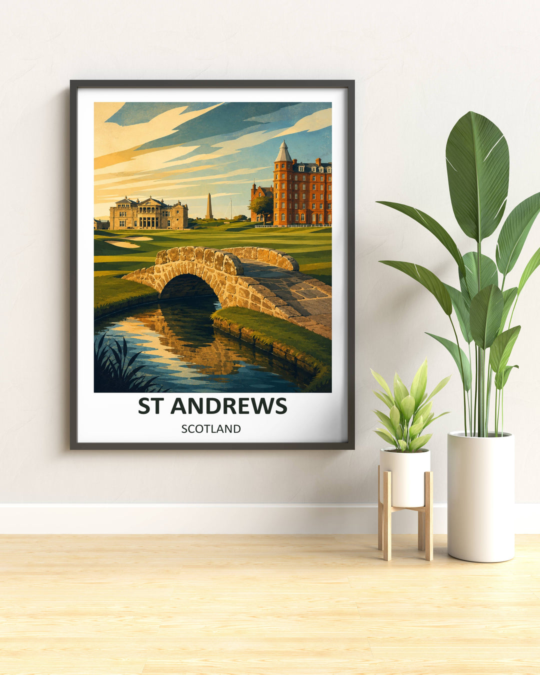 Sophisticated man cave wall decor showcasing a modern graphic print of St Andrews Links Scotland, featuring the iconic 18th hole scenery with the Swilcan Bridge, rolling fairways, and grand historic architecture.
