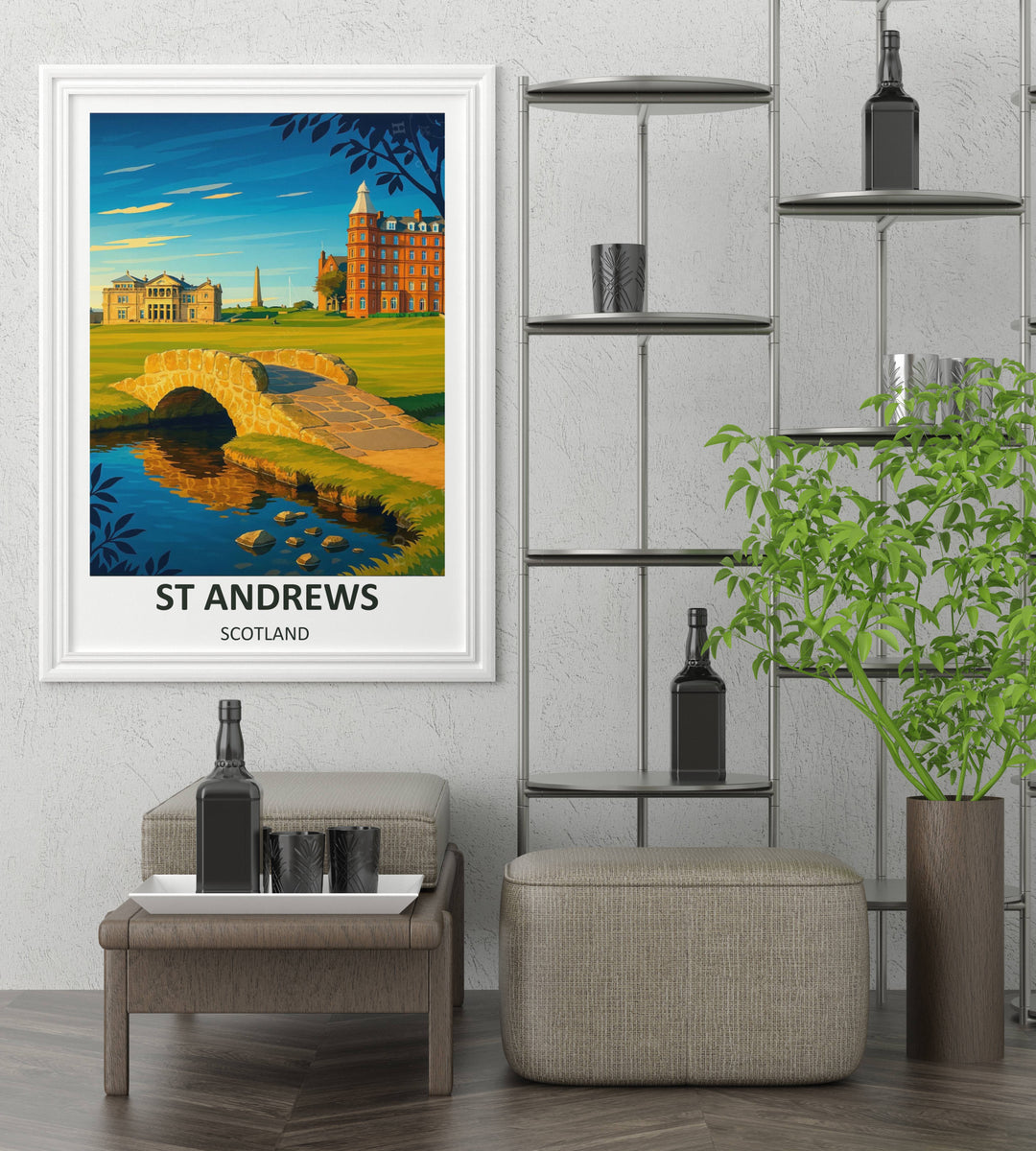 Contemporary sports wall art print of the St Andrews Swilcan Bridge, highlighting the classic stone masonry of the bridge, a rolling green fairway, sand hazards, and the iconic clubhouse buildings in a bold vector style.