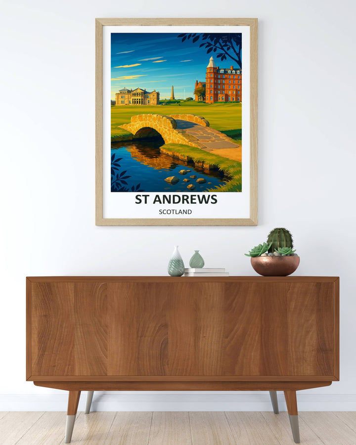 Contemporary sports wall art print of the St Andrews Swilcan Bridge, highlighting the classic stone masonry of the bridge, a rolling green fairway, sand hazards, and the iconic clubhouse buildings in a bold vector style.