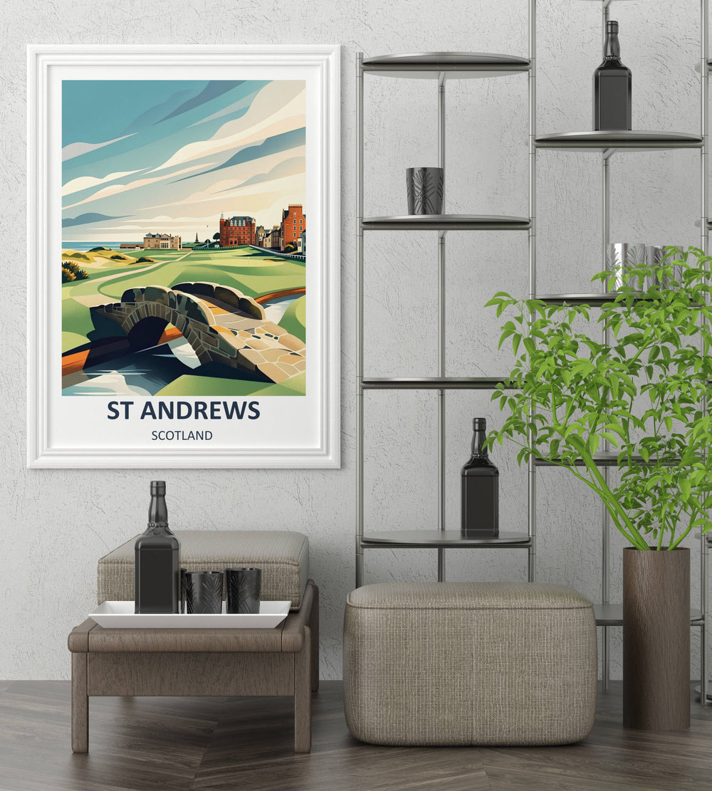 A premium matte paper art print of the world-famous St Andrews links, focusing on a detailed stone arch bridge over a blue stream with rich green fairways stretching toward the iconic Royal and Ancient Clubhouse under artistic rolling clouds.