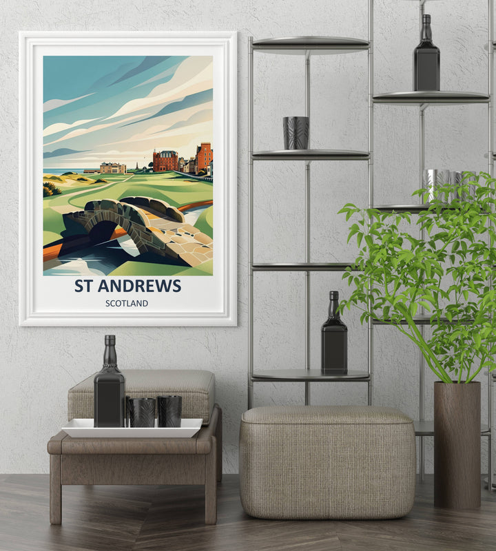 A premium matte paper art print of the world-famous St Andrews links, focusing on a detailed stone arch bridge over a blue stream with rich green fairways stretching toward the iconic Royal and Ancient Clubhouse under artistic rolling clouds.
