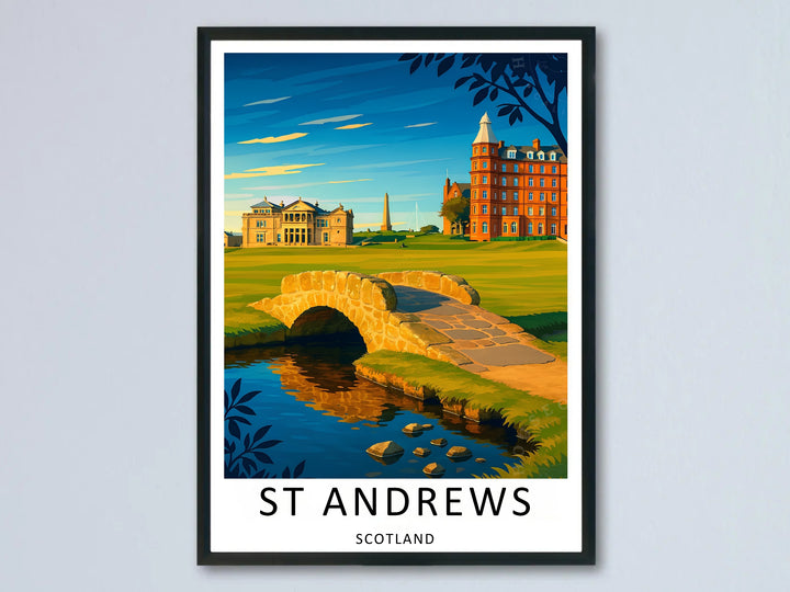 Sophisticated man cave wall decor showcasing a modern framed poster of St Andrews Scotland, featuring the iconic 18th hole scenery with the Swilcan Bridge, rolling green terrain, and grand historic clubhouse architecture.