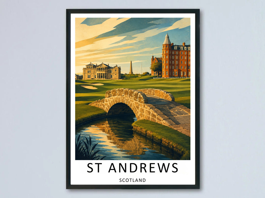 A premium graphic travel poster of the 18th hole at St Andrews Links in Scotland, showing a warm sunset golden hour lighting up the historic stone Swilcan Bridge, the green fairways, and the town&