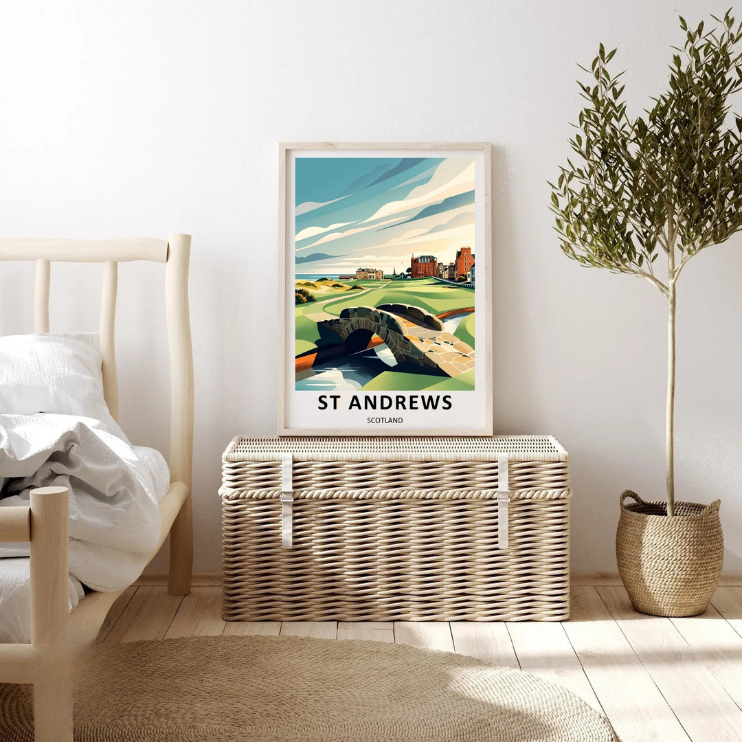 Luxury golf gift artwork illustrating the historic St Andrews golf course in a modern travel poster style, with clean lines outlining the Swilcan Bridge, rolling green terrain, coastal bunkers, and a majestic town skyline in the distance.