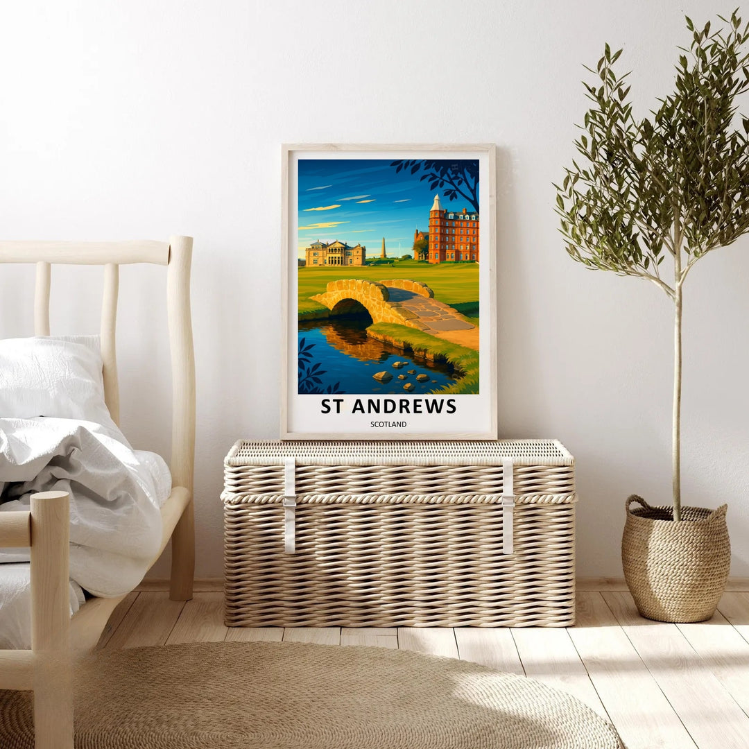 Luxury golf gift artwork illustrating the historic Swilcan Bridge at St Andrews links in a modern illustration style, with clean lines framing the stone arch, rolling fairways, and the majestic clubhouse in the distance.