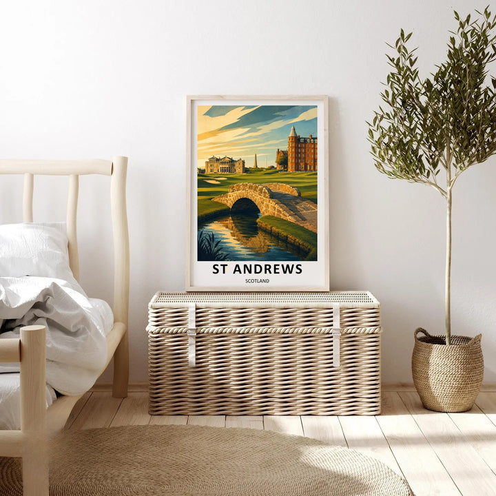 Golf themed home decor print featuring a beautiful contemporary vector design of St Andrews Scotland, displaying the 18th fairway, the famous stone footbridge, a calm winding creek, and historic brick architecture.