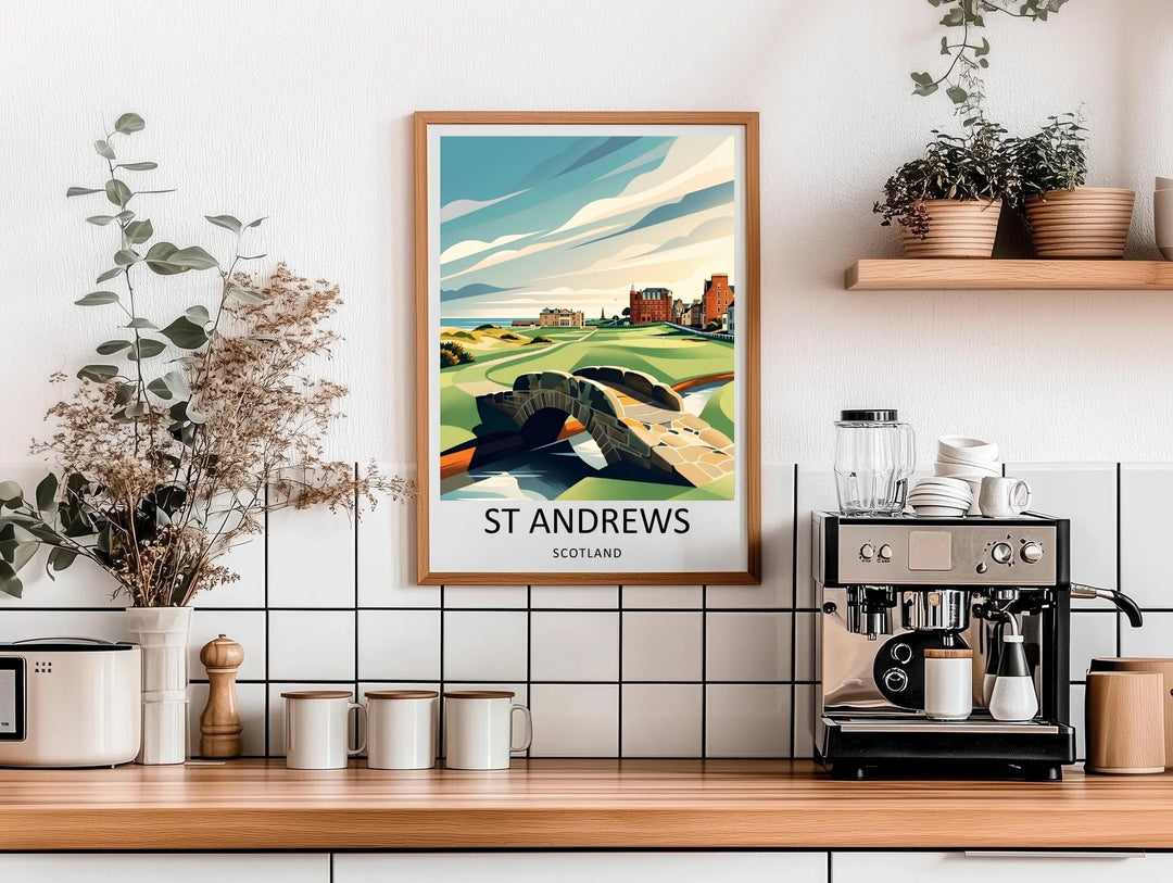 Executive sports wall art showing an artistic perspective of St Andrews Old Course, capturing the stone Swilcan Bridge reflecting in the water below, surrounded by manicured greens, sand bunkers, and a majestic historic clubhouse under a bright sky.