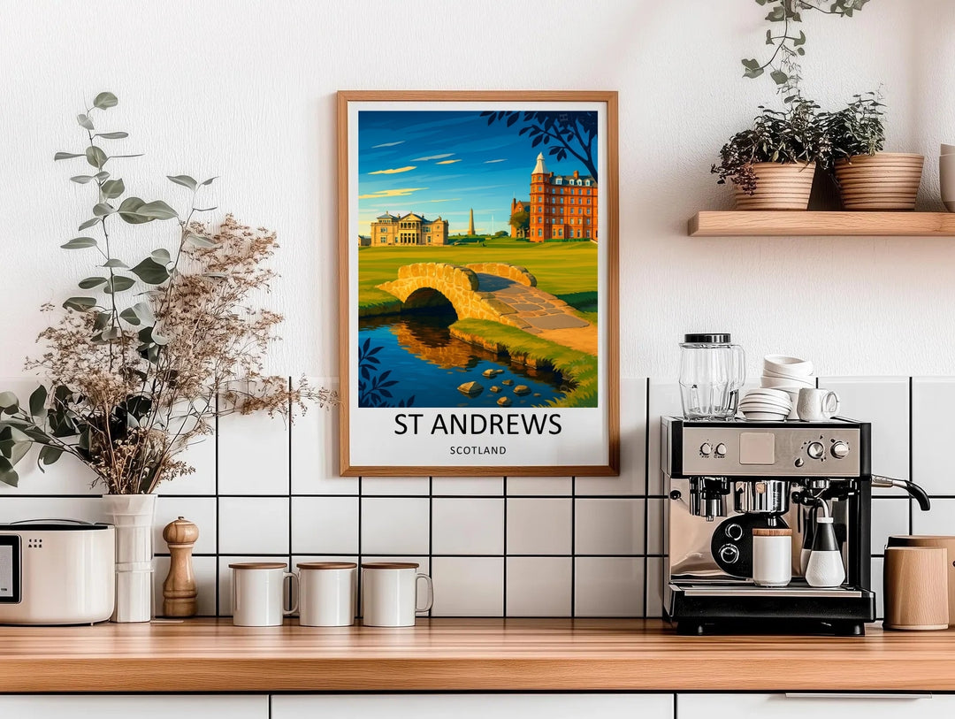 Golf themed office decor print featuring a beautiful contemporary graphic design of St Andrews Scotland, highlighting the 18th hole, the iconic stone footbridge, a winding creek, and historic brick resort buildings.