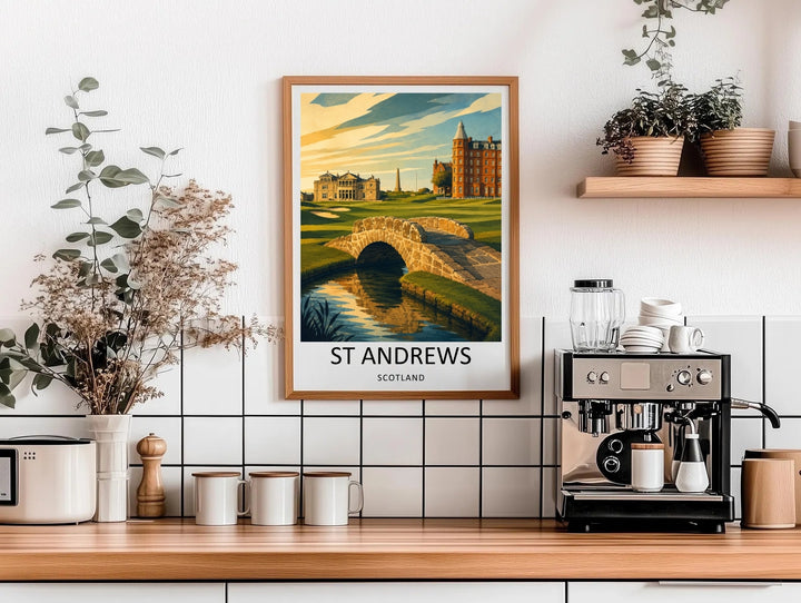 Executive office sports wall art showing an artistic sunset perspective of St Andrews Links, capturing the stone Swilcan Bridge reflecting in the water, surrounded by pristine fairways and a majestic clubhouse.