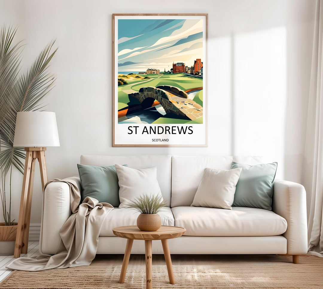 Golf themed home office decor print featuring a vibrant contemporary vector illustration of St Andrews Scotland, displaying the 18th green, the famous stone footbridge, a winding water hazard, and a luxurious resort hotel background.