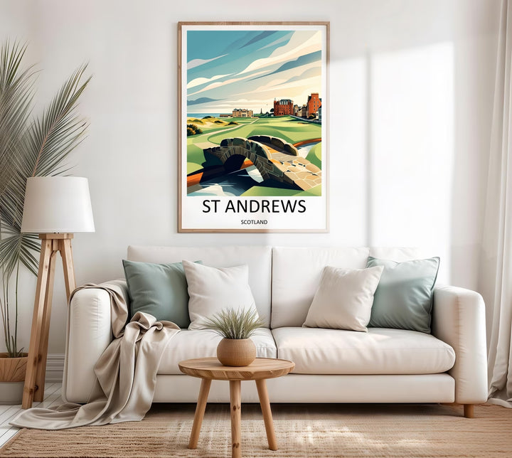 Golf themed home office decor print featuring a vibrant contemporary vector illustration of St Andrews Scotland, displaying the 18th green, the famous stone footbridge, a winding water hazard, and a luxurious resort hotel background.