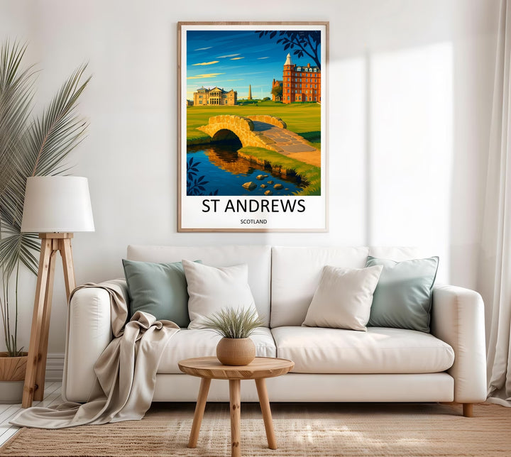 A high-quality archival paper print of the St Andrews Swilcan Bridge golf landscape, emphasizing the detailed stone block textures, lush green fairways, and the classic Royal and Ancient Clubhouse under layered clouds.