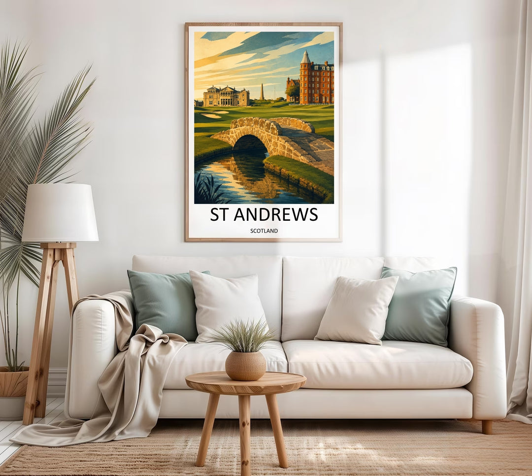 Luxury golf gift artwork illustrating the historic St Andrews golf links in a modern minimalist style, with clean lines highlighting the Swilcan Bridge, rolling green terrain, and a majestic town skyline.