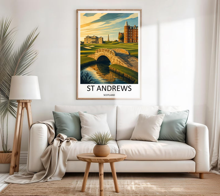 Luxury golf gift artwork illustrating the historic St Andrews golf links in a modern minimalist style, with clean lines highlighting the Swilcan Bridge, rolling green terrain, and a majestic town skyline.