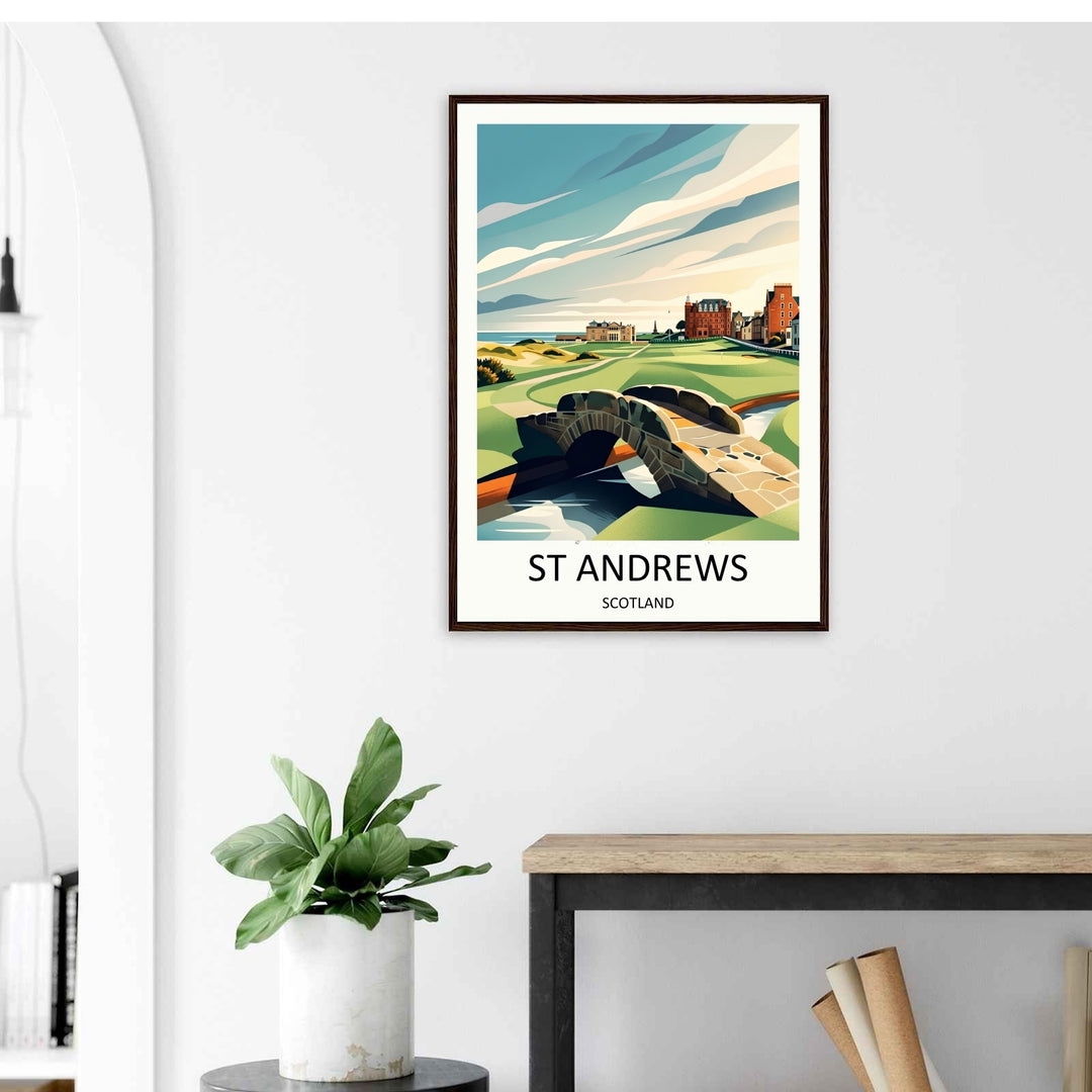 A high-quality gallery canvas rendering of St Andrews golf course in Scotland, emphasizing the texture of the Swilcan Bridge, rolling green contours of the links, coastal sand dunes, and the classic Scottish architectural skyline.