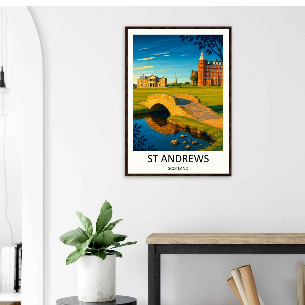 Minimalist yet highly detailed golf art print focusing on the Swilcan Bridge at St Andrews Scotland, featuring sharp geometric shading on the green grass, a calm water hazard, and historic coastal town architecture.