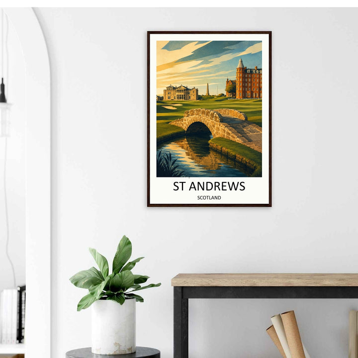 A premium matte paper print of the world-famous St Andrews links, focusing on a detailed stone arch bridge over a blue stream with rich green fairways stretching toward the iconic Royal and Ancient Clubhouse.