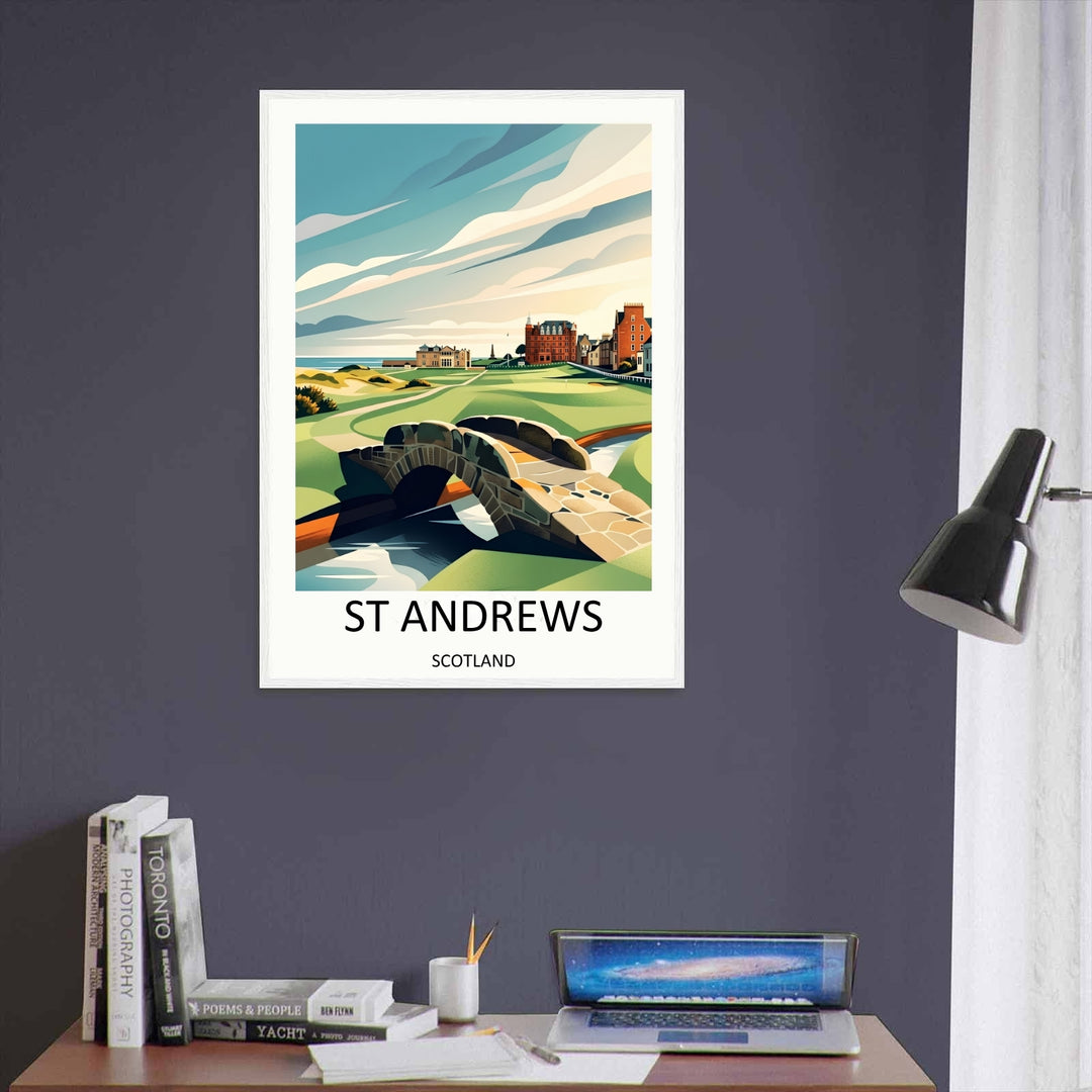 Minimalist yet detailed art print of the Home of Golf, St Andrews Scotland, displaying the iconic stone bridge over the burn with sharp geometric shading on the emerald green fairways and elegant red-brick buildings lining the course.