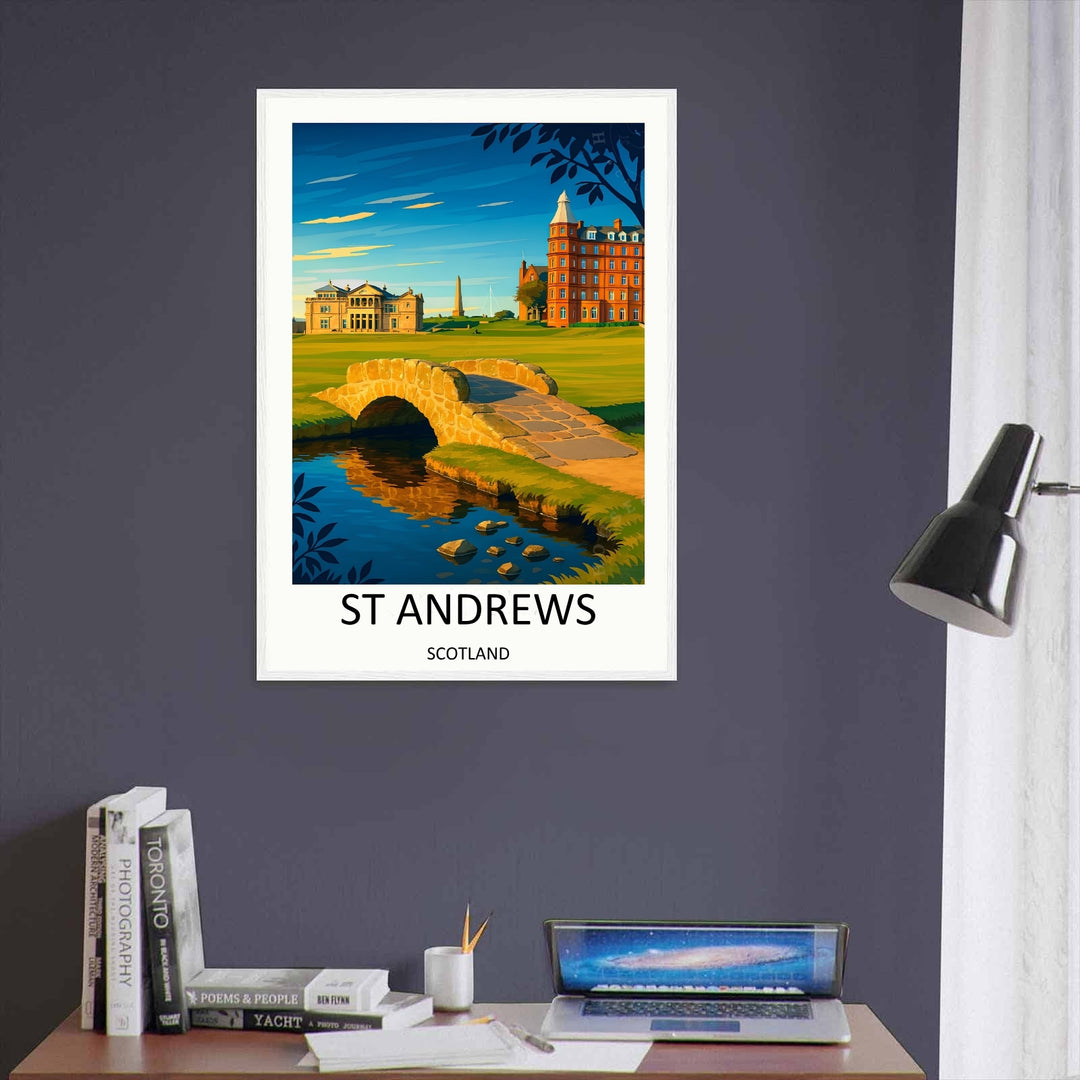 A premium matte paper print of the world-famous St Andrews 18th hole, focusing on the rustic stone Swilcan Bridge crossing a blue creek with rich green fairways stretching toward the town&