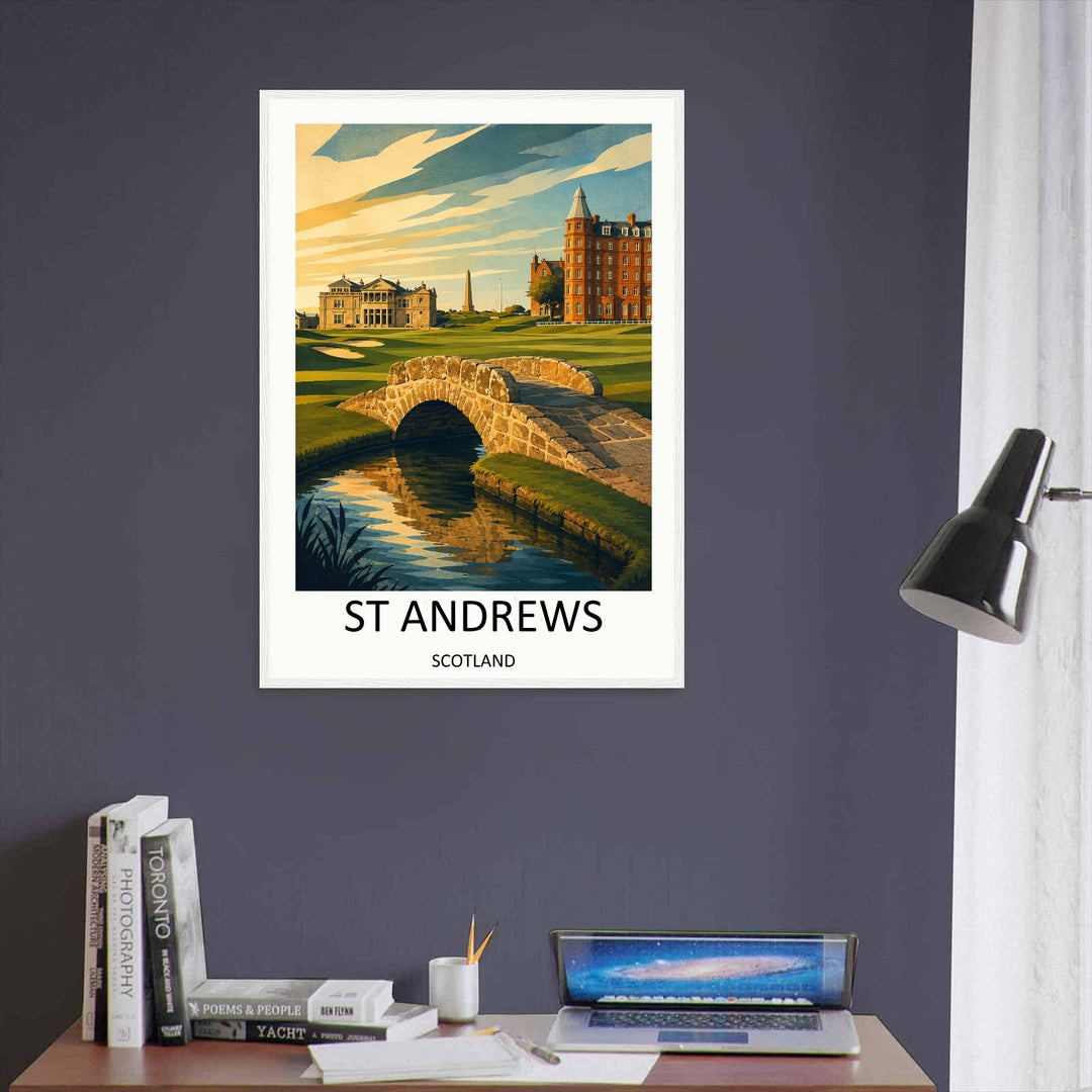Minimalist yet highly detailed art print of the Home of Golf, St Andrews Scotland, displaying the iconic stone bridge over the burn with soft sunset shading over the fairways and elegant historic buildings.