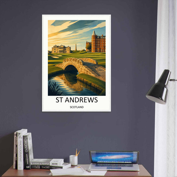 Minimalist yet highly detailed art print of the Home of Golf, St Andrews Scotland, displaying the iconic stone bridge over the burn with soft sunset shading over the fairways and elegant historic buildings.