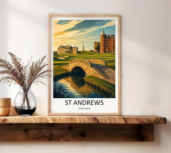 Contemporary golf wall art illustration of St Andrews Links, capturing a unique angled perspective of the Swilcan Bridge crossing the stream with clear reflections in the water under a warm, glowing sky.