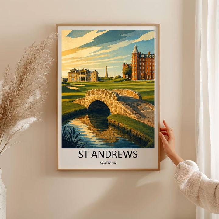 A high-quality gallery canvas print of the St Andrews Links golf course landscape, emphasizing the textured stone bridge, rolling green fairways, and the classic Royal and Ancient Clubhouse under a dramatic sky.