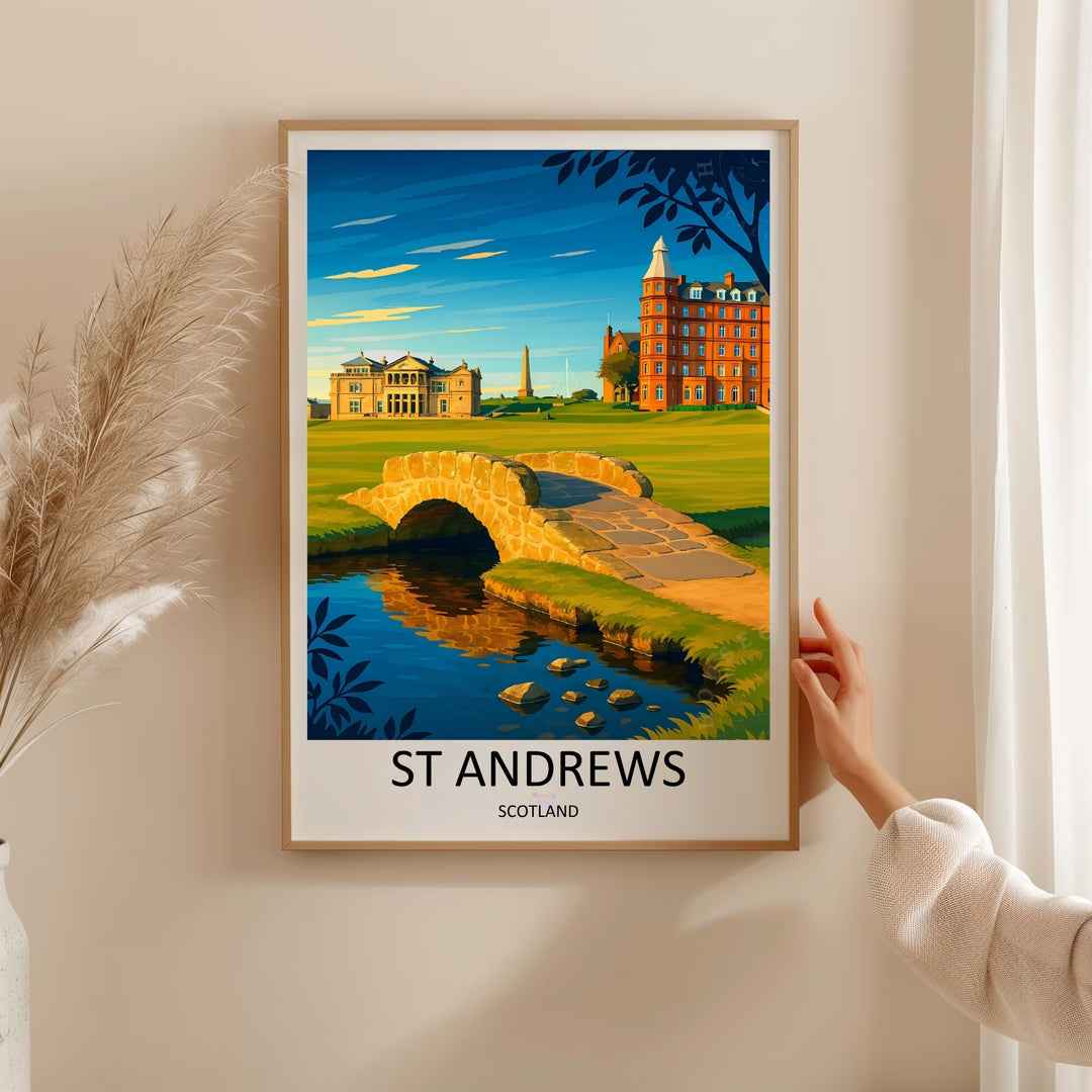 Executive workspace wall art showing a beautiful sunset golden hour perspective of St Andrews Old Course, capturing the Swilcan Bridge over the water, surrounded by manicured greens and a majestic town skyline.