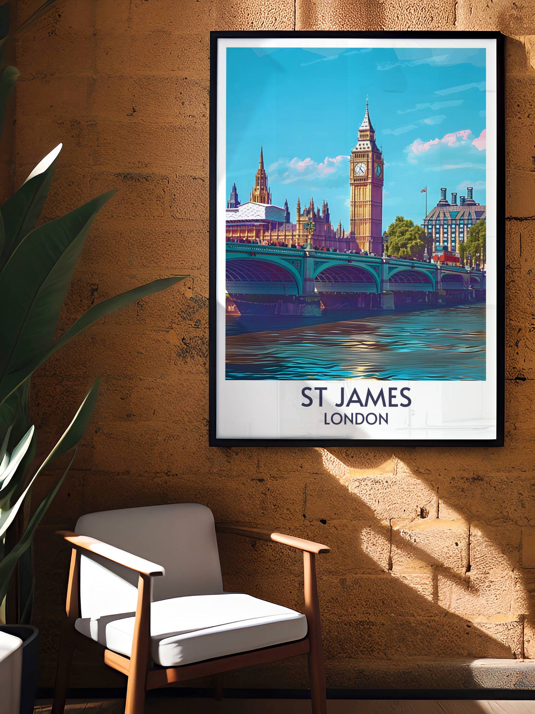 London Travel Poster showcasing the scenic views of St Jamess Park, including the picturesque bridge and serene lake. This artwork captures the essence of Londons beloved green spaces.