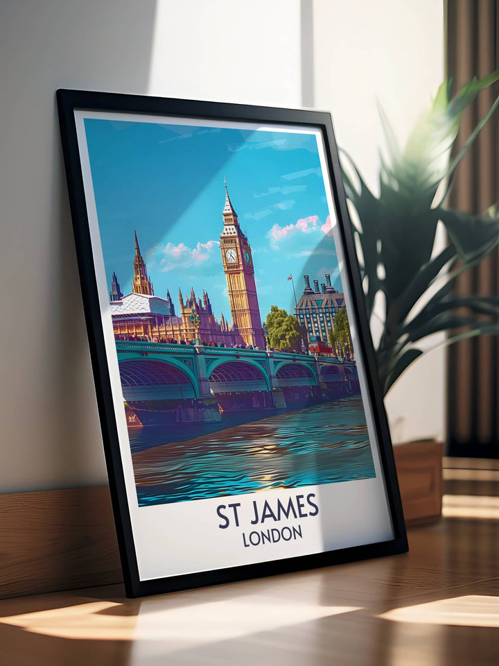 Framed Print of St Jamess Park Bridge, bringing the elegance and tranquility of this iconic London landmark into your living space. Perfect for those who appreciate the citys rich history and natural beauty.