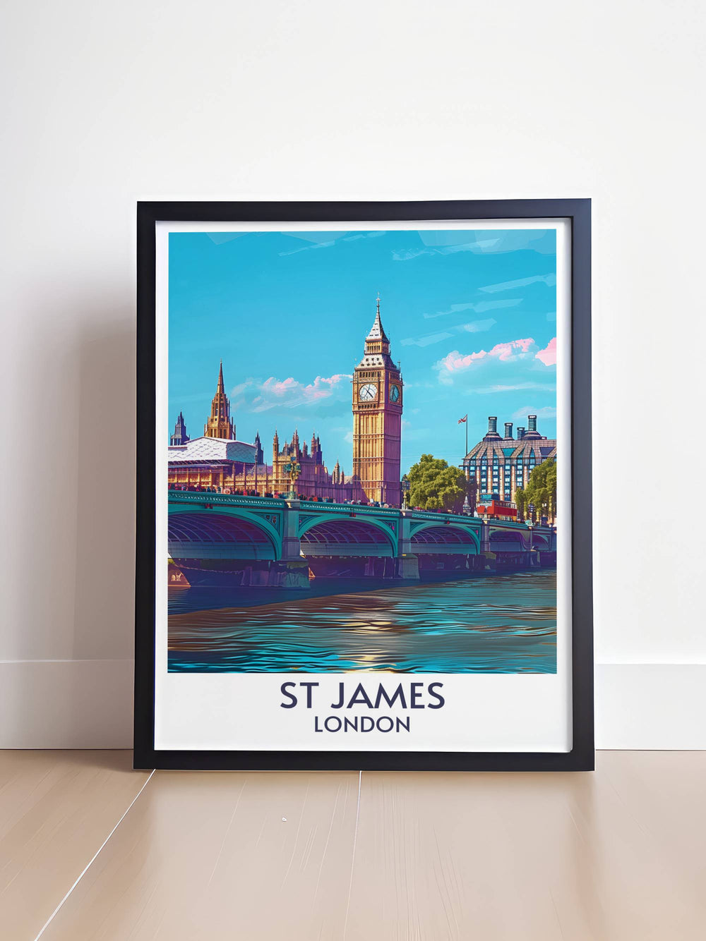 London Fine Art Print featuring St Jamess Park Bridge, capturing the tranquil beauty of one of the citys most beloved green spaces. The bridge, adorned with lush greenery, offers stunning views of the park and Buckingham Palace.