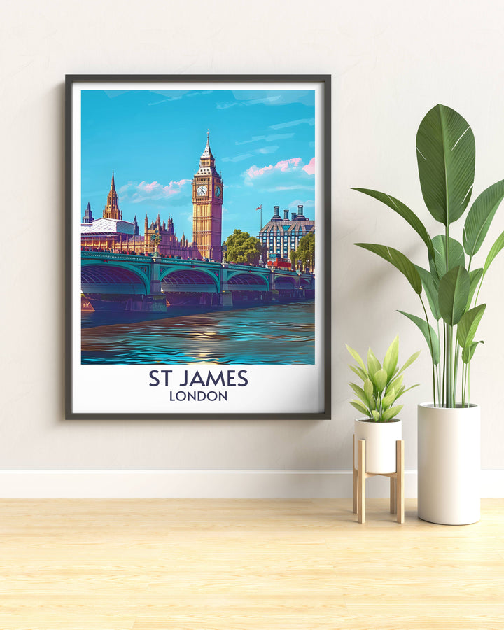 St Jamess Park Wall Art showcasing the iconic bridge and serene lake, with Buckingham Palace in the background. This artwork brings the peaceful atmosphere of Londons royal park into your home.