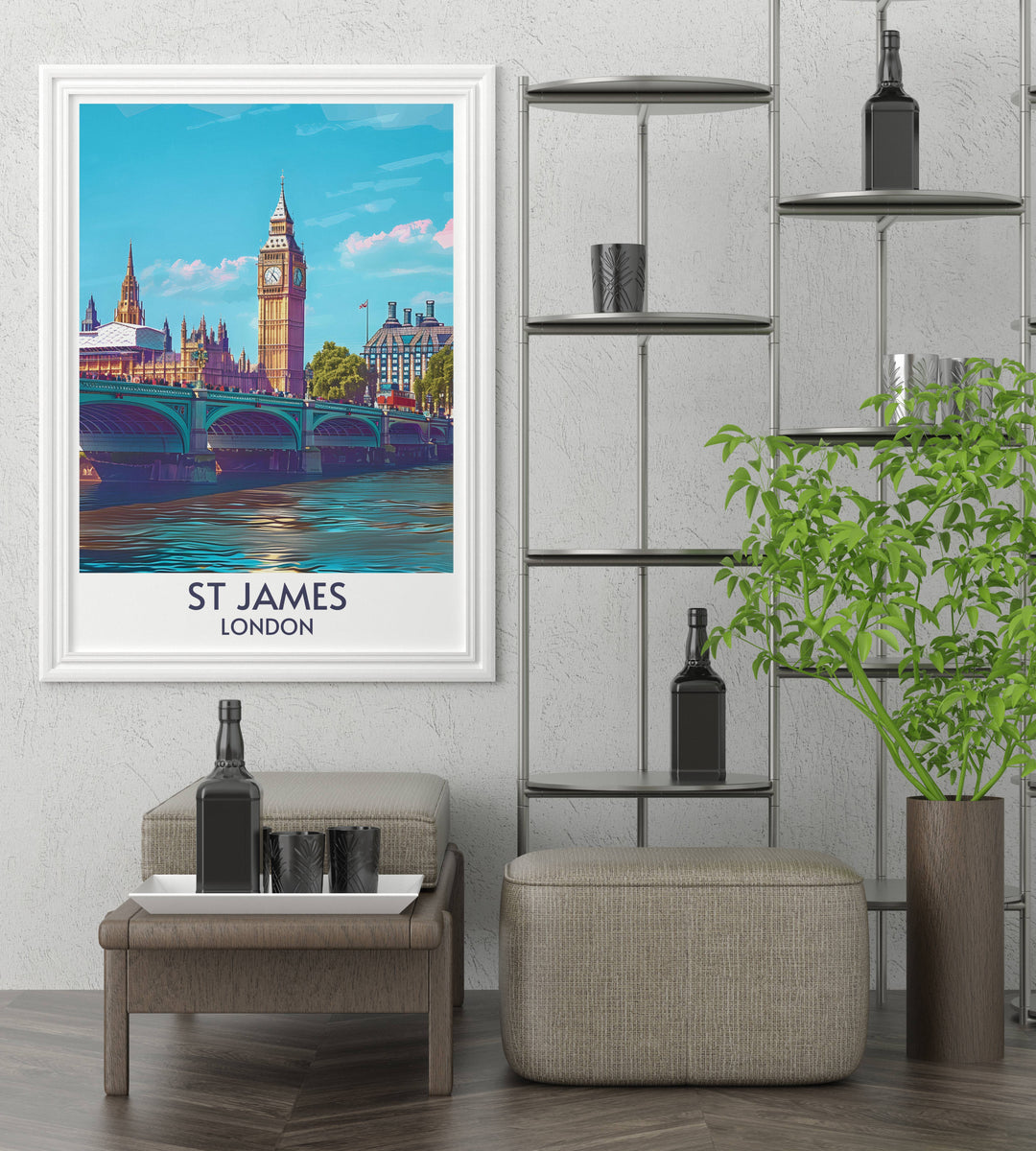 London Canvas Art depicting the vibrant flower beds and tranquil waters of St Jamess Park. Celebrate the natural beauty and historical significance of this green heart of the city.