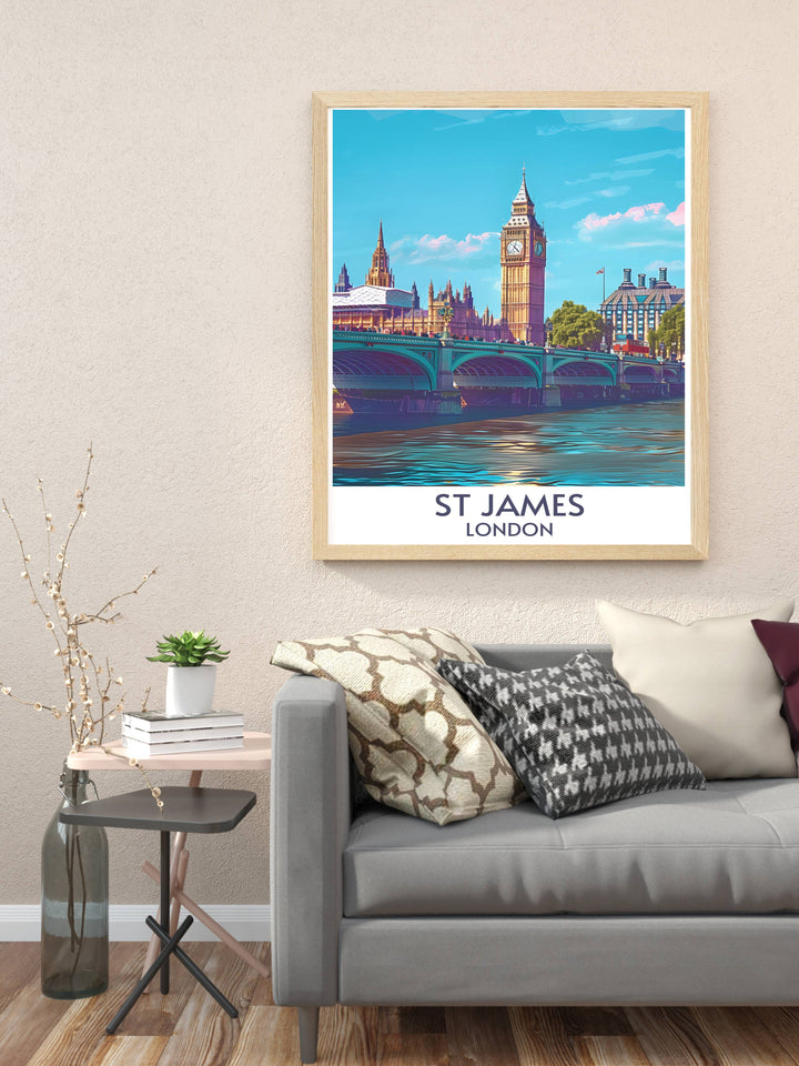 A serene scene of St Jamess Park Bridge, perfect for adding a touch of Londons charm to your home decor. The bridge and its surrounding greenery offer a peaceful escape from the bustling city.