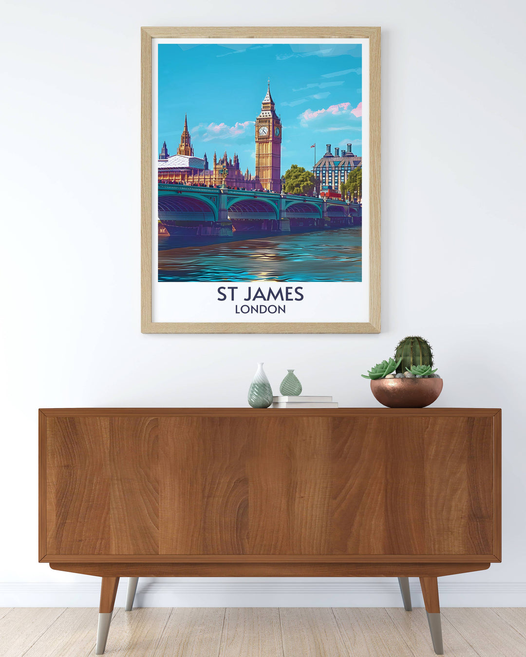 London Travel Poster showcasing the scenic views of St Jamess Park, including the picturesque bridge and serene lake. This artwork captures the essence of Londons beloved green spaces.