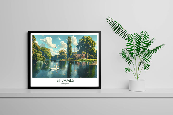Experience the charm of Duck Island with this exquisite wall art, depicting the peaceful bridges and reflections in St Jamess Park, perfect for nature lovers.