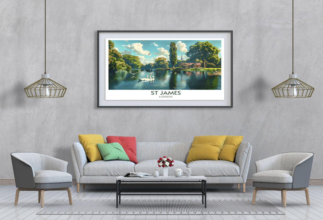A captivating poster featuring the architectural beauty of Buckingham Palace and the serene landscapes of St Jamess Park, ideal for London enthusiasts.