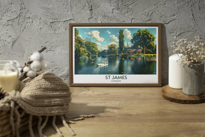 London Eye and Buckingham Palace depicted in a beautiful poster, capturing the essence of Londons most beloved landmarks for your wall art collection.