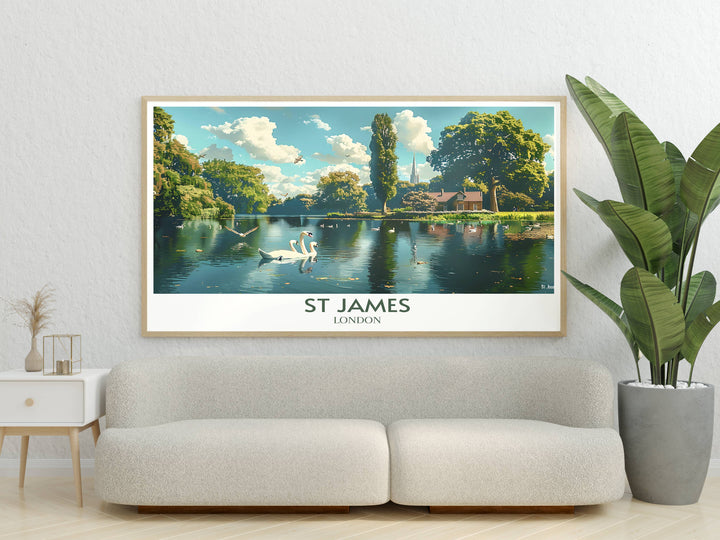 Hampstead Heaths wild meadows and St Jamess Parks formal gardens in a stunning print, offering a glimpse into the diverse beauty of Londons parks.