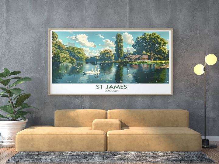 A serene view of Duck Island in St Jamess Park, with its charming bridges and lush greenery, perfect for modern home decor.